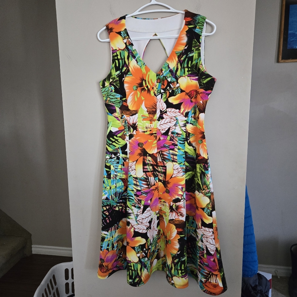 Midi Tropical Colorful Patterned Fabric Keyhole Bright Vacation Dress Hawaiian